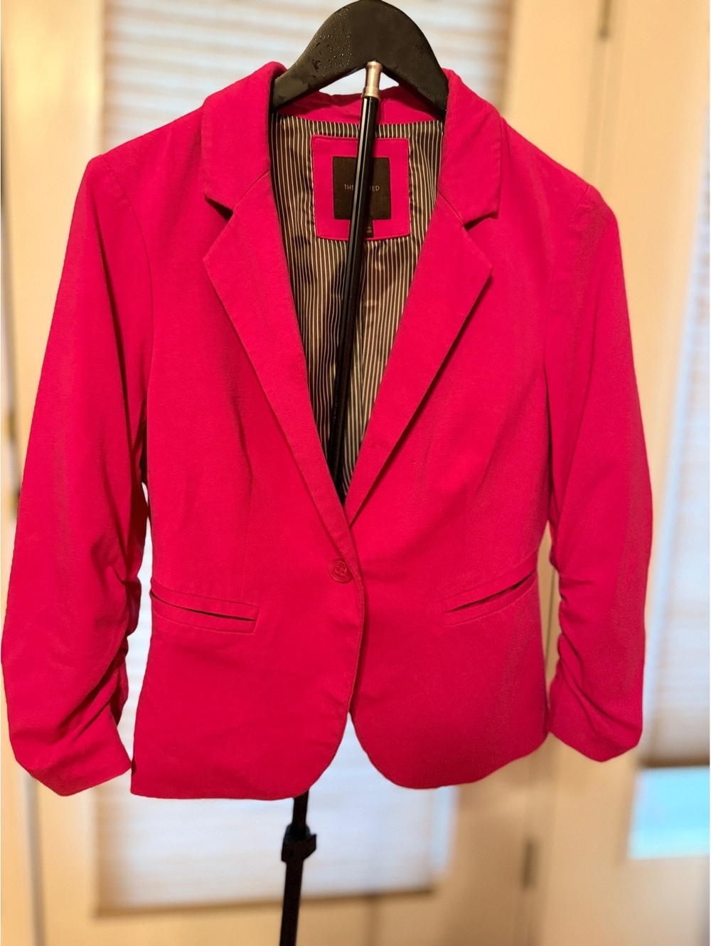 The Limited Pink Women's Blazer with Ruched Sleeves and Striped Lining